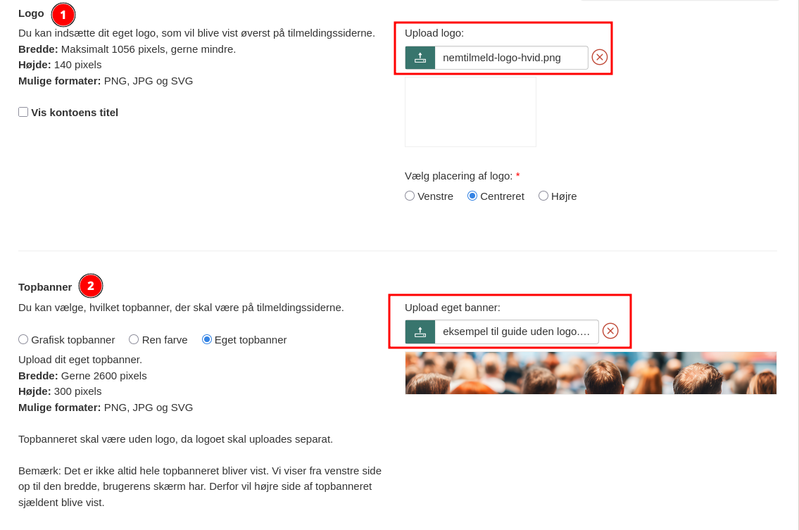 Upload logo og topbanner separat