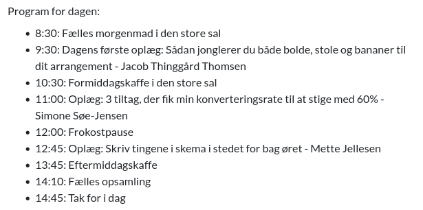Dagens program uden tabel